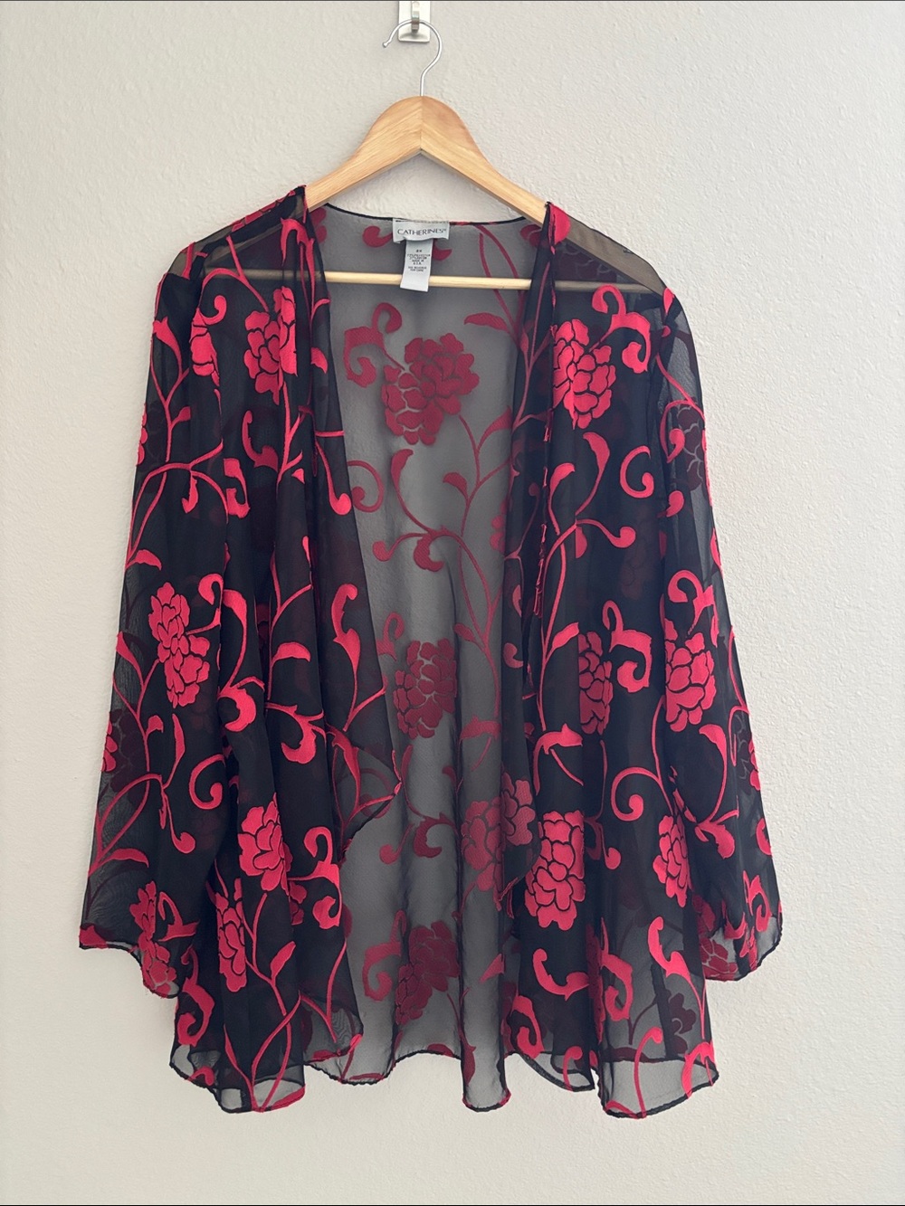 Catherines Black Sheer Kimono with Red Floral Print Size 2X